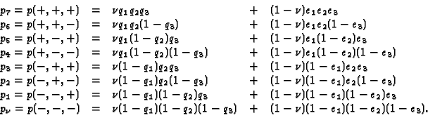 \begin{displaymath}
\begin{array}{lclcl}
p_7 = p(+,+,+) &=&
u q_1q_2q_3 & + &...
...)(1-q_2)(1-q_3) & + & (1-
u)(1-e_1)(1-e_2)(1-e_3).
\end{array}\end{displaymath}