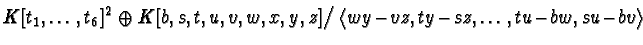 $\displaystyle K[t_1,\dots,t_6]^2
\oplus K[b,s,t,u,v,w,x,y,z]\big/\langle wy\!-\!vz,
ty\!-\!sz, \dots, tu\!-\!bw, su\!-\!bv\rangle $