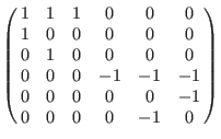 $\left(\matrix{
1& 1& 1& 0& 0& 0 \cr
1& 0& 0& 0& 0& 0 \cr
0& 1& 0& 0& 0& 0 \cr
0& 0& 0& -1& -1& -1 \cr
0& 0& 0& 0& 0& -1 \cr
0& 0& 0& 0& -1& 0 \cr
}\right)$