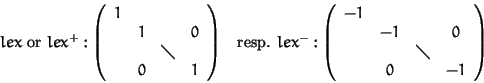 \begin{displaymath}\begin{array}{cc}
lex \mbox{ or } lex^+:
\left(\begin{array}{...
...\\
& & \diagdown &\\
& 0 & & -1\end{array}\right)
\end{array}\end{displaymath}