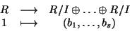 \begin{displaymath}\begin{array}{ccc}
R & \longrightarrow & R/I \oplus \ldots \oplus R/I \\
1 & \longmapsto & (b_1,\ldots,b_s)
\end{array}\end{displaymath}