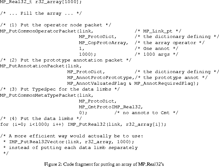 \begin{figure}% latex2html id marker 169
\begin{center}
\begin{tex2html_preform}...
...tion{Code fragment for putting an array of MP\_Real32's}\end{center}\end{figure}