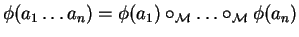 $\phi(a_1 \ldots a_n) = \phi(a_1) \circ_{{\cal M}} \ldots \circ_{{\cal M}} \phi(a_n)$