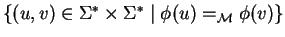 $\{ (u,v) \in \Sigma^* \times \Sigma^* \mid \phi(u) =_{{\cal M}} \phi(v) \}$