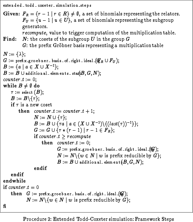 \begin{procedure}
% latex2html id marker 1423
[ht] \fbox { \parbox{15cm}{ \vspac...
...} } }\caption {Extended Todd-Coxeter simulation: Framework Steps}\end{procedure}