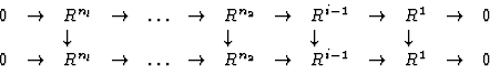 \begin{displaymath}
\begin{array}{lllllllllllll}
0 & \rightarrow & R^{n_l} & \r...
... & R^{i-1} & \rightarrow & R^1 & \rightarrow & 0\\
\end{array}\end{displaymath}