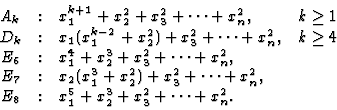 \begin{displaymath}
\begin{array}{cclc}
A_k & : & x_1^{k+1} + x_2^2 + x_3^2 + \...
... E_8 & : & x_1^5 + x_2^3 + x_3^2 + \dots + x_n^2. &
\end{array}\end{displaymath}