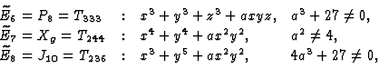 \begin{displaymath}
\begin{array}{lcll}
\widetilde{E}_6 = P_8 = T_{333} & : & x^...
...36} & : & x^3 + y^5 + ax^2y^2, & 4a^3 + 27
\not= 0,
\end{array}\end{displaymath}