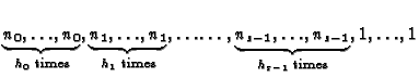 $\displaystyle \underbrace{n_0,\dots,n_0}_{h_0\text{ times}},
\underbrace{n_1,\...
...ots\ldots,
\underbrace{n_{s-1},\dots,n_{s-1}}_{h_{s-1}\text{ times}},1,\dots,1
$